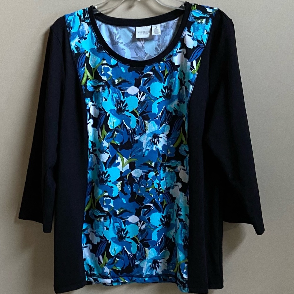 WEEKENDS by CHICOS TOP/TUNIC/ FLORAL/3/4 SLEEVE/ BOATNECK/ MULTI COLOR/SIZE 2